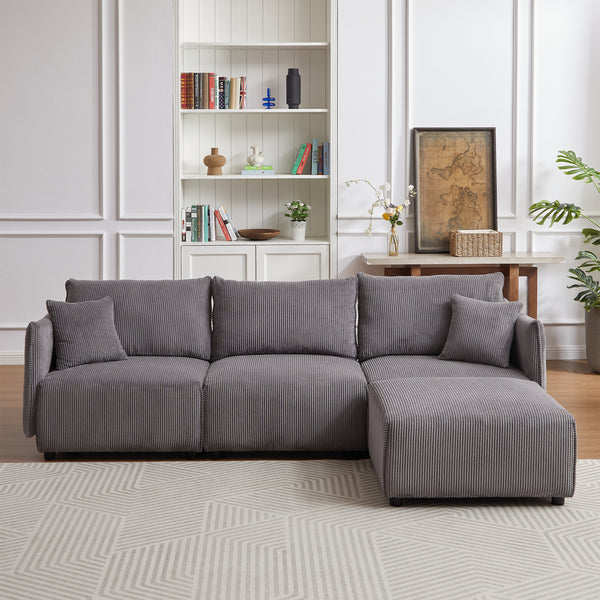 106" Multi-Module Combination Style Sofa for Living Room, Bedroom and Other Lounge Spaces, Modern Minimalist Corduroy Combination Sofa with 2 Comfort Cushions with USB & C Charging Ports Gray