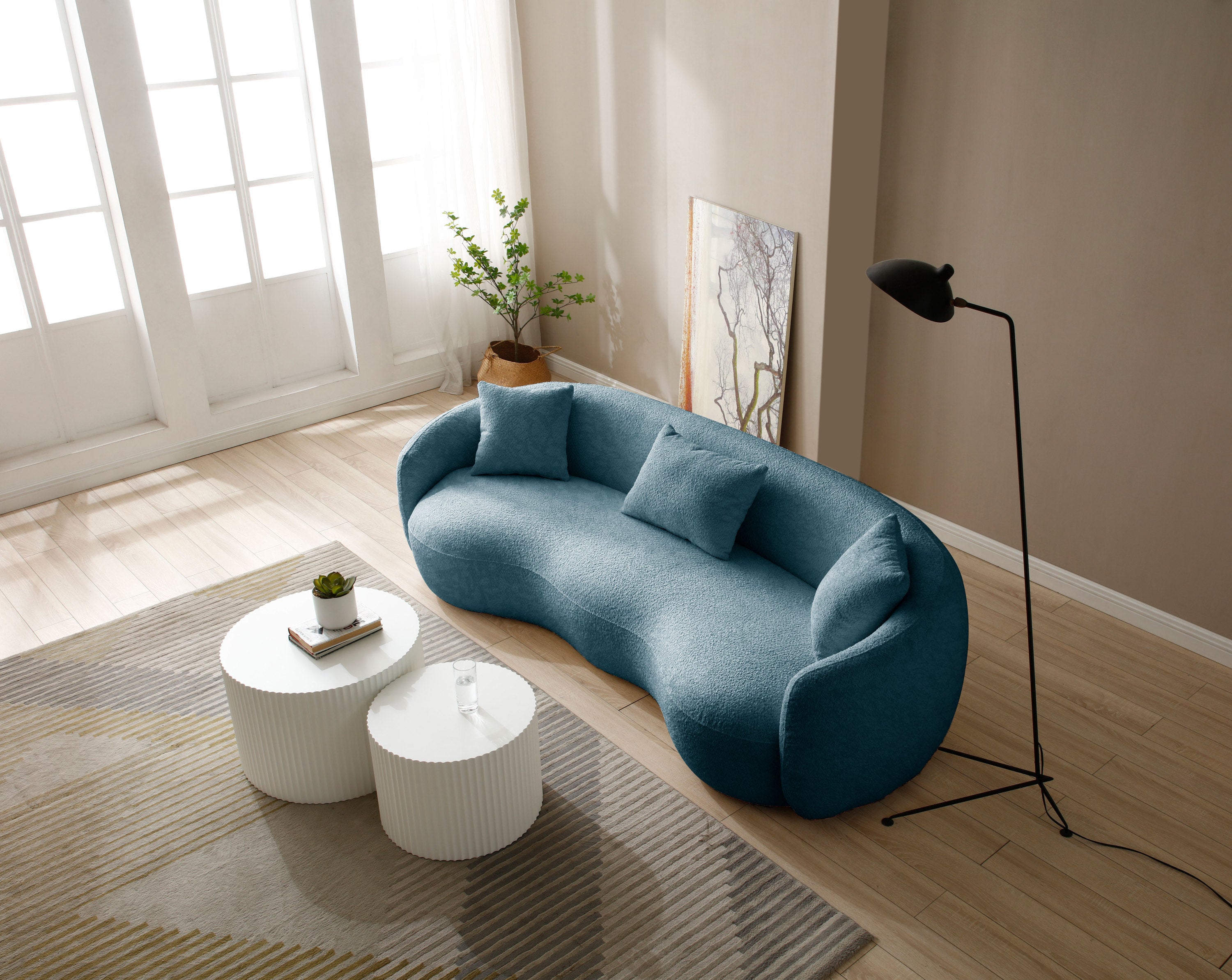 93.6inch Modern Curved Sofa,  Boucle Fabric Couch for Bedroom, Office, Apartment Blue