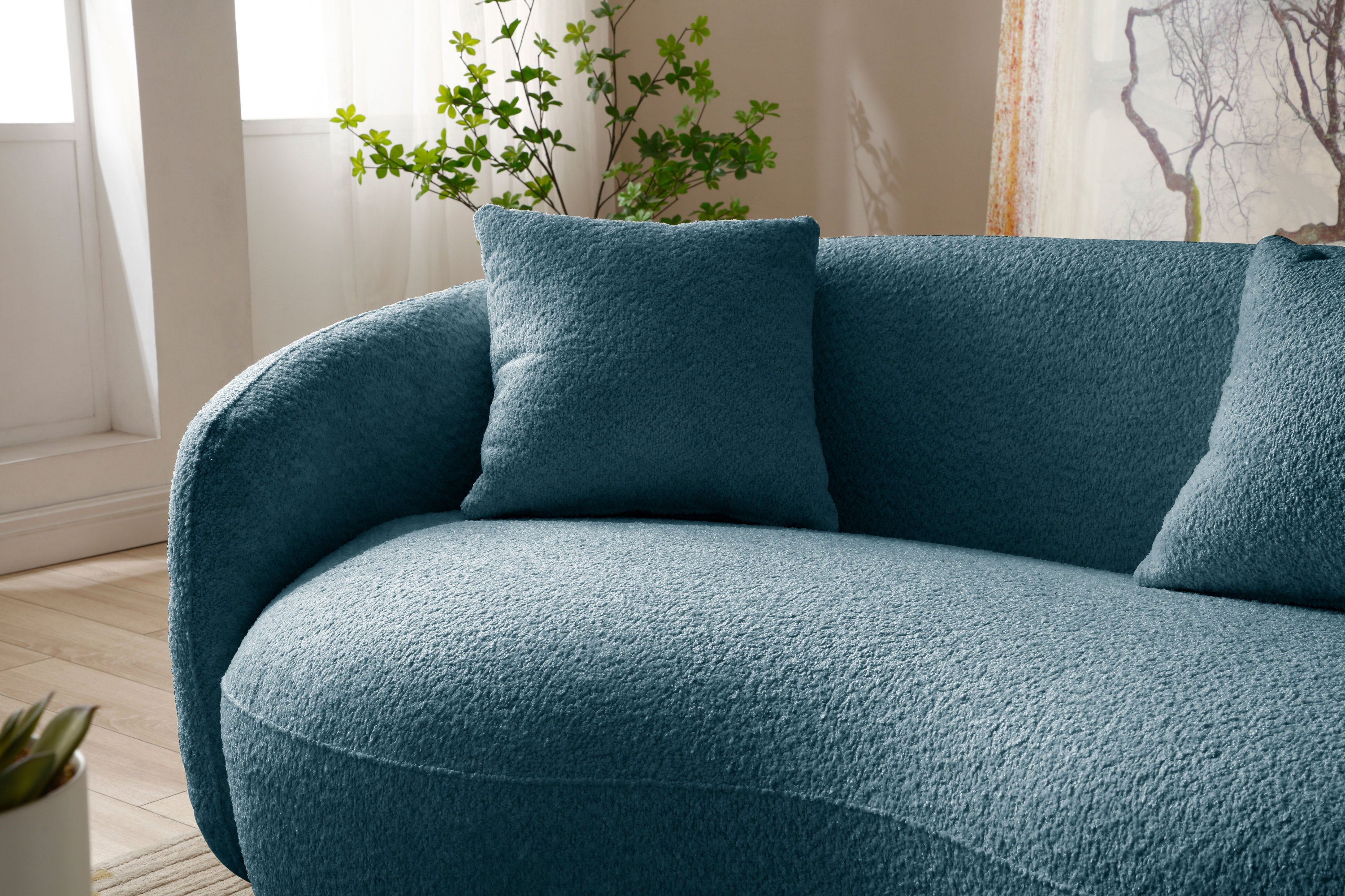 93.6inch Modern Curved Sofa,  Boucle Fabric Couch for Bedroom, Office, Apartment Blue