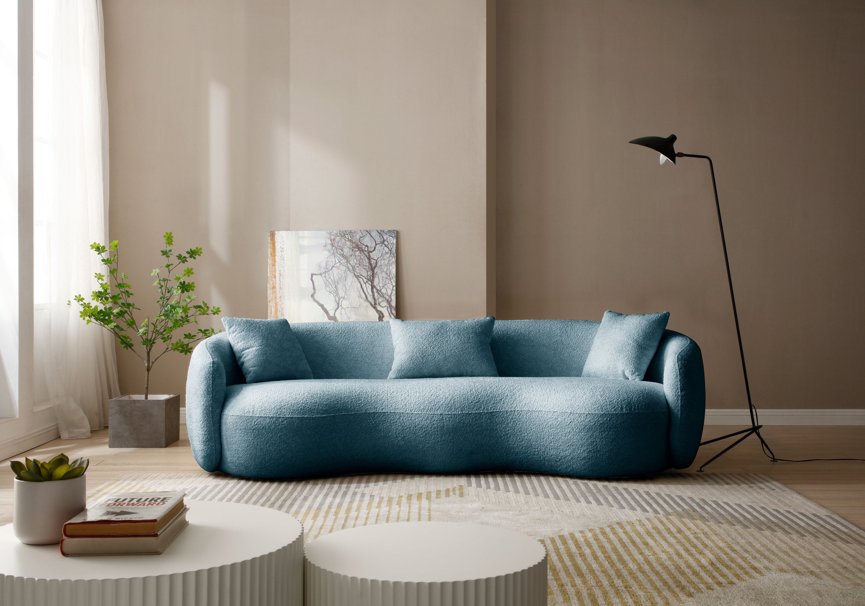 93.6inch Modern Curved Sofa,  Boucle Fabric Couch for Bedroom, Office, Apartment Blue
