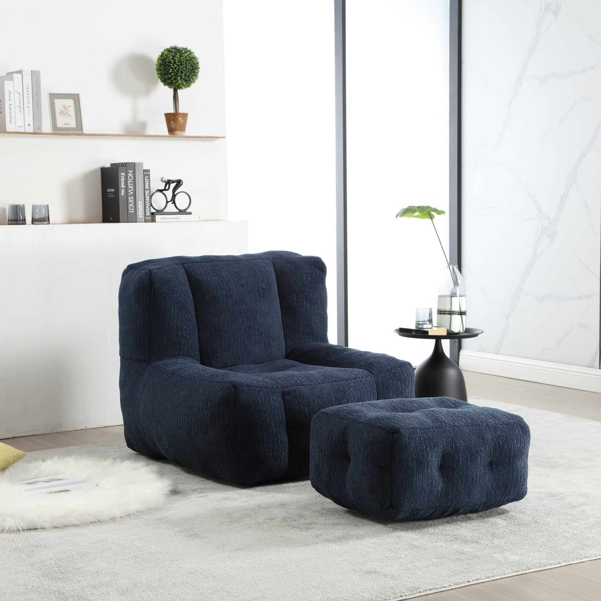 Fluffy bean bag chair, comfortable bean bag for adults and children, super soft lazy sofa chair with memory foam and ottoman, indoor modern focus bean bag chair for living room, bedroom, apartment
