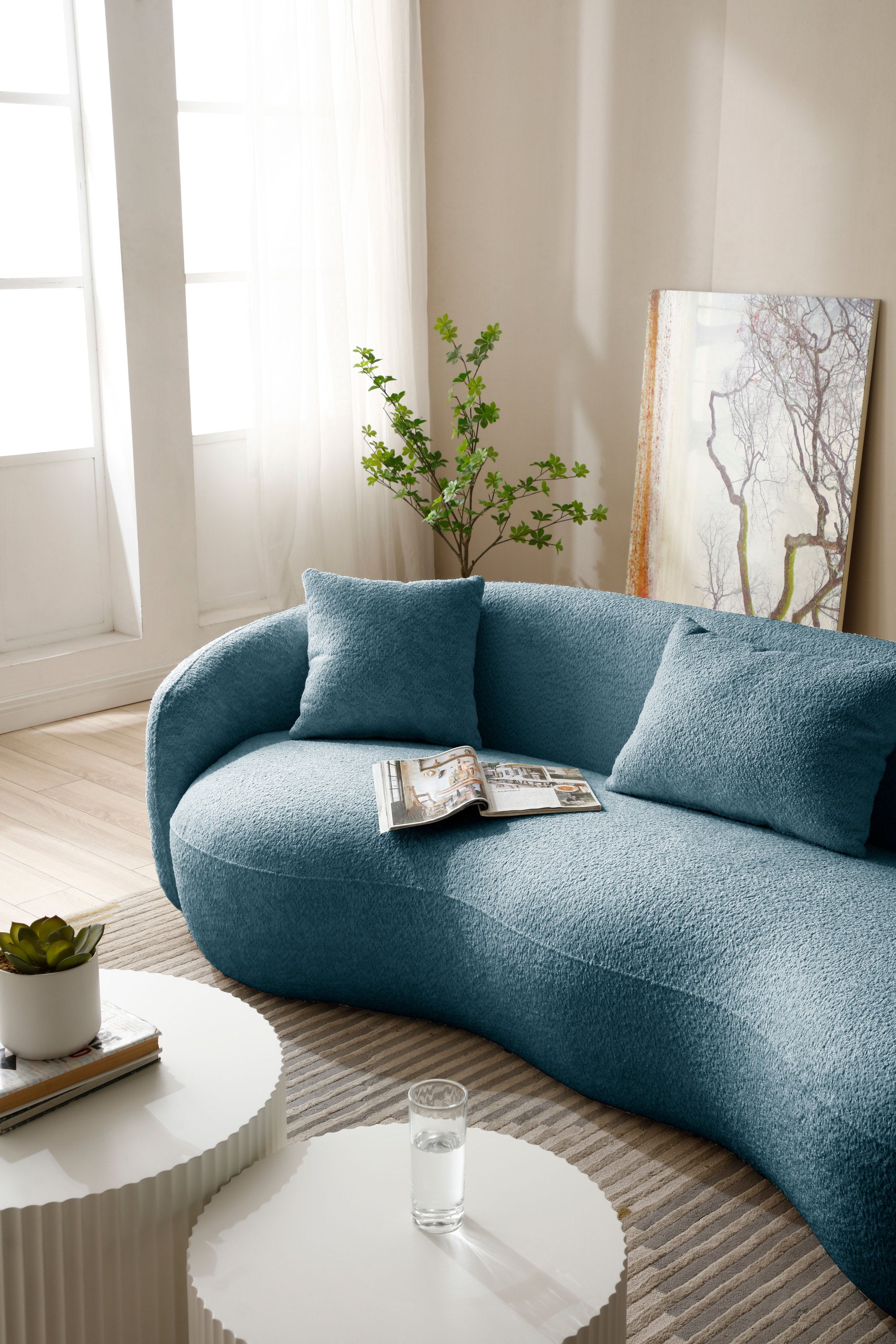 93.6inch Modern Curved Sofa,  Boucle Fabric Couch for Bedroom, Office, Apartment Blue